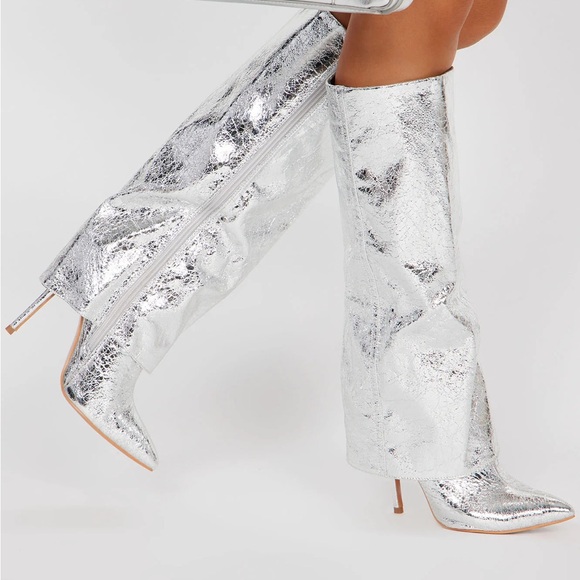 Mixx Shuz Shoes - Mixx Shuz Metallic Silver Heeled Boots women’s size 10